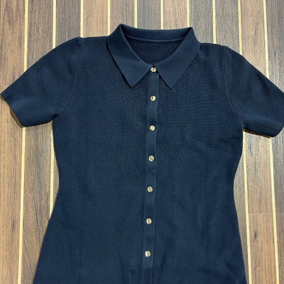Navy Blue Knit Long Button Down Dress - Picture 2 of 3